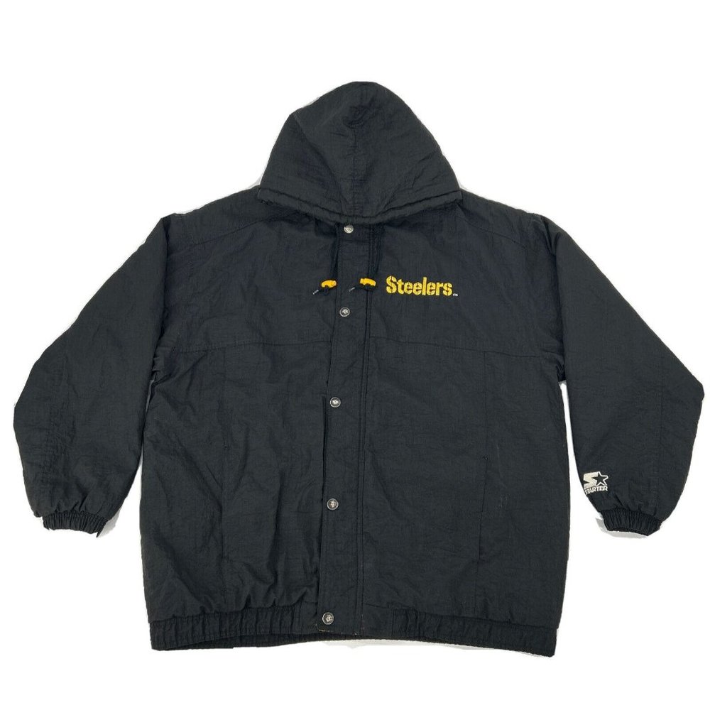 Pittsburgh Steelers Coat Men's XL‎ Black Starter Full Zip Snap Removable Hood